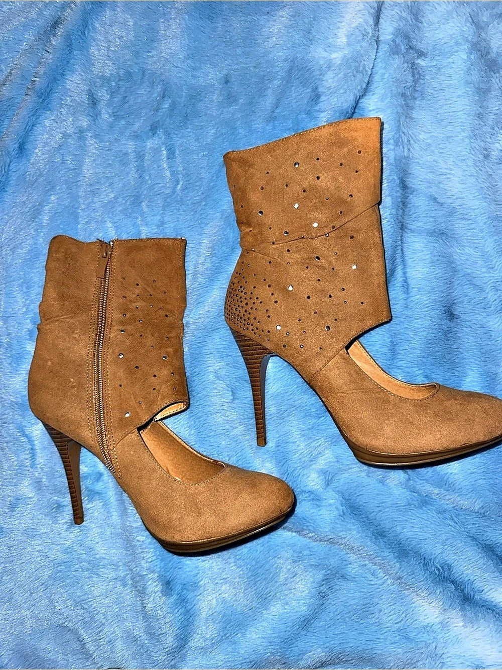 Brown Perforated Heeled Boots Sz 9